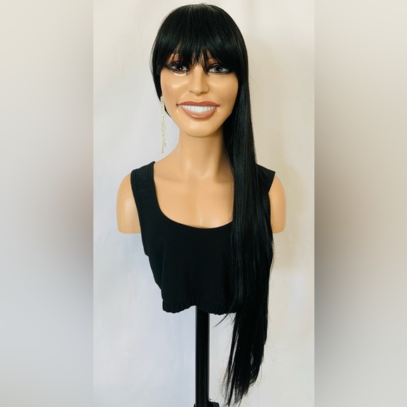 Unisex Long Straight Black Premium Fiber Wig with Bangs for Daily Wear/Events 🖤 - Picture 3 of 9
